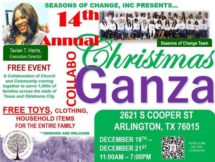 Arlington, TX – Fourteenth Annual Christmas Collaboganza flyer with event info.