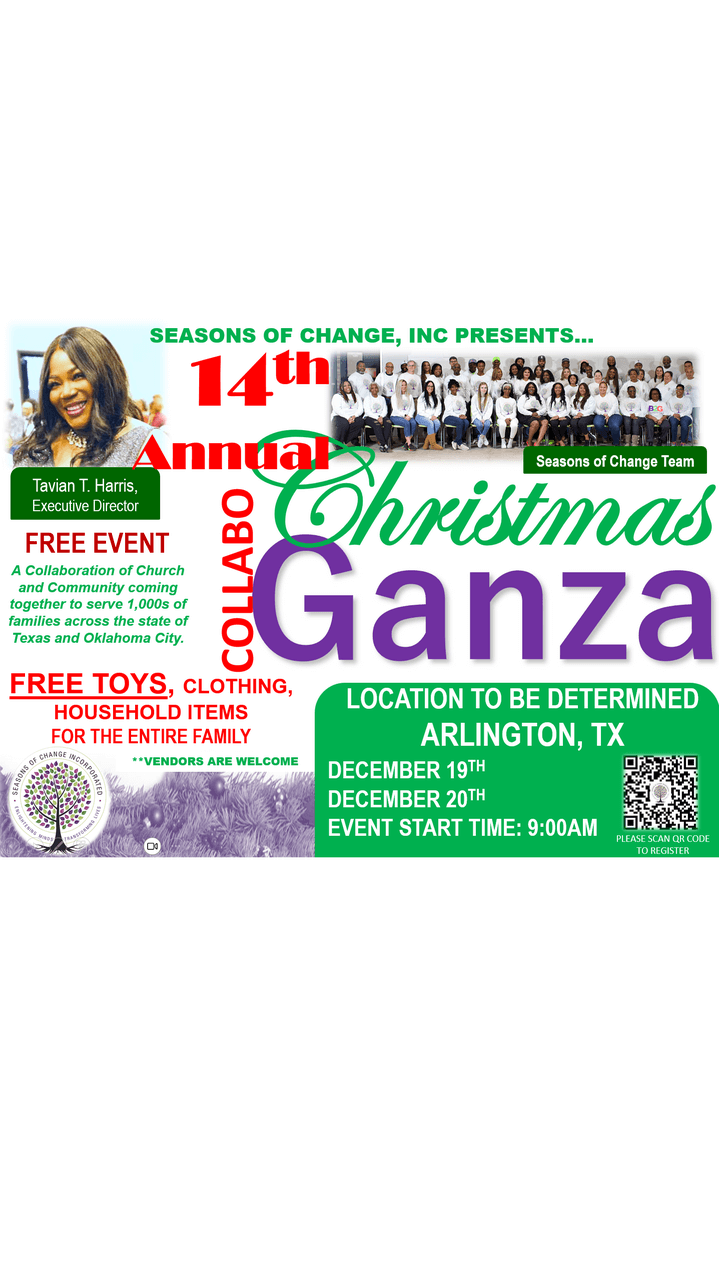 Arlington, TX – Fourteenth Annual Christmas Collaboganza flyer with event info.