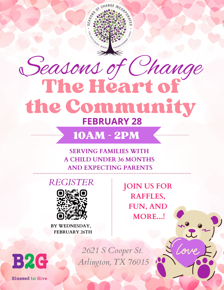 The Heart of the Community by Seasons of Change event flyer with all details listed in the description of this event.