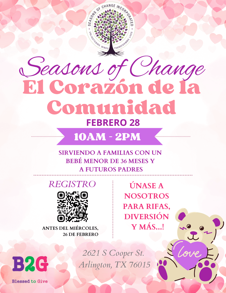 El Corazón de la Comunidad es un volante que destaca los detalles del evento, incluyendo la fecha, hora, ubicación y la información sobre la clase de padres obligatoria y los recursos disponibles.