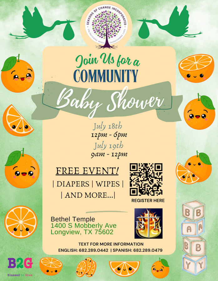 Community Baby Shower Longview TX 2025 flyer.