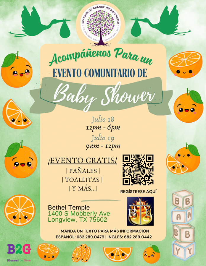 Shower Comunitario Longview TX: Folleto con naranjas alegres, cigüeñas y bloques de bebé. Promueve evento gratuito con pañales y toallitas el 18-19 de julio.
