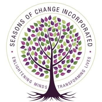 Houston Christmas toy giveaway: Seasons of Change Inc. primary logo, featuring the green and purple tree, promoting the event.