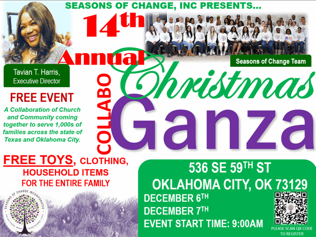 Oklahoma City Christmas Toy Giveaway: Flyer for the 14th Annual Christmas Collaboganza event in Oklahoma City, OK, featuring Tavian H. Harris, Executive Director, and event details for December 6th & 7th.