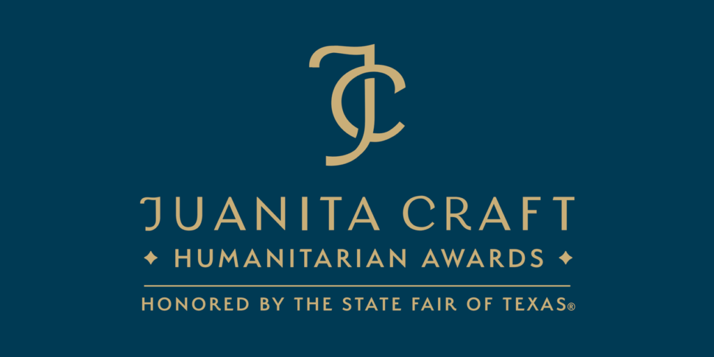 Juanita Craft Award Tavian Harris: Official logo for the Juanita Craft Humanitarian Awards, featuring a gold "JC" monogram on a navy blue background, with the text "HONORED BY THE STATE FAIR OF TEXAS®."