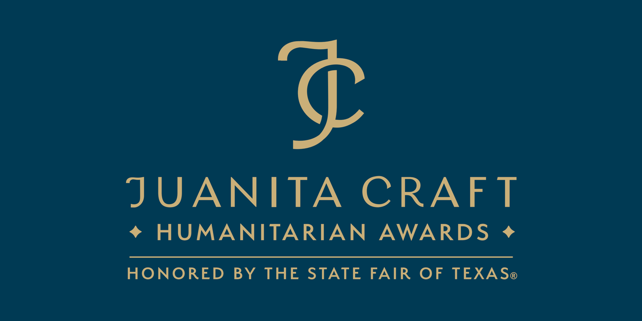Juanita Craft Award Tavian Harris: Official logo for the Juanita Craft Humanitarian Awards, featuring a gold "JC" monogram on a navy blue background, with the text "HONORED BY THE STATE FAIR OF TEXAS®."