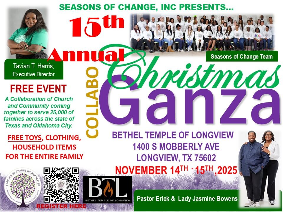 Longview Christmas Toy Giveaway: Flyer for the 15th Annual Christmas Collaboganza event in Longview, TX, featuring Executive Director Tavian T. Harris and Pastors Erick & Lady Jasmine Bowens.