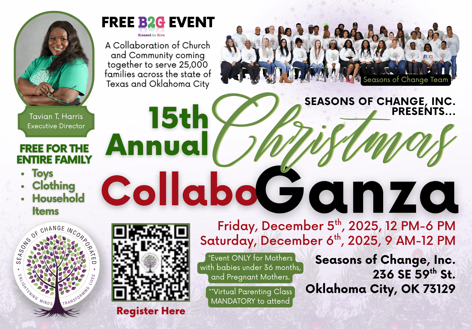 Oklahoma City Christmas Giveaway Mothers: Flyer for the 15th Annual Christmas Collaboganza in Oklahoma City, OK, featuring Tavian T. Harris. The event is free for mothers with babies under 36 months and pregnant mothers on December 5th & 6th.
