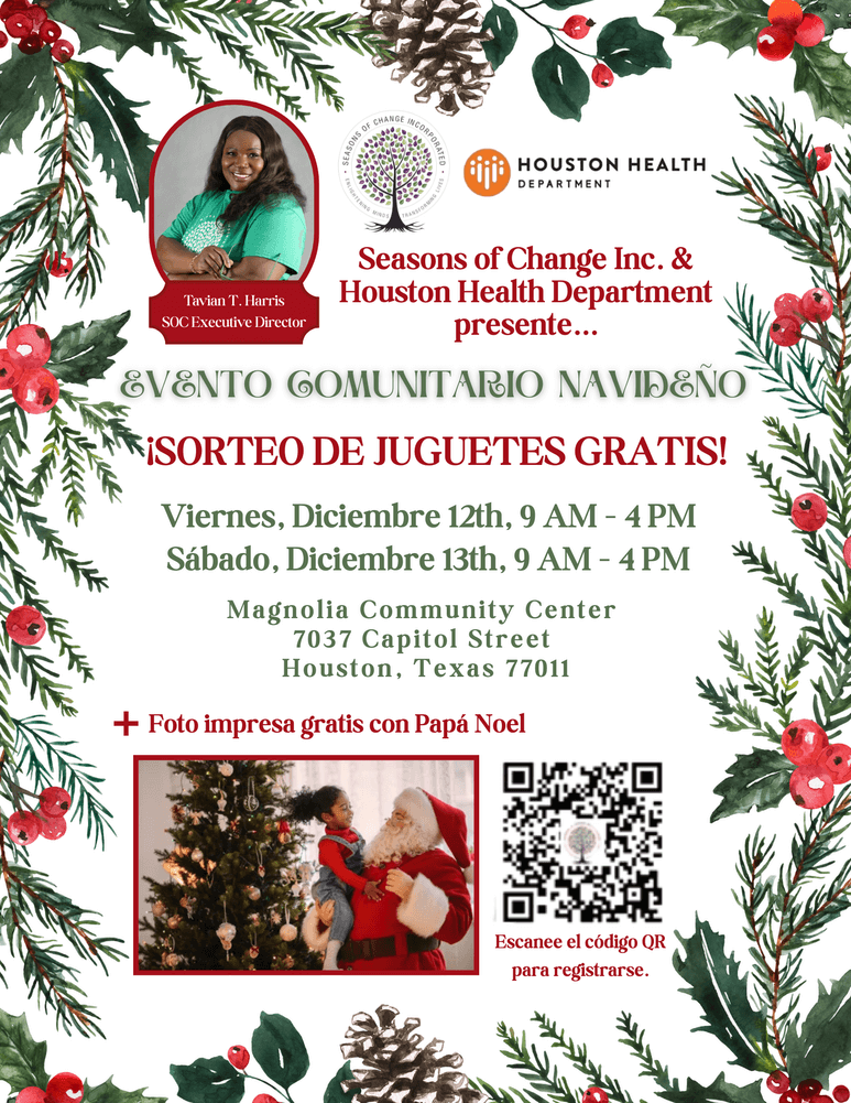 Sorteo de Juguetes Gratis Houston TX: Folleto que muestra a la Directora Ejecutiva Tavian T. Harris, el logotipo del Departamento de Salud de Houston, y detalles para el sorteo de juguetes del 12 y 13 de diciembre en el Magnolia Community Center.