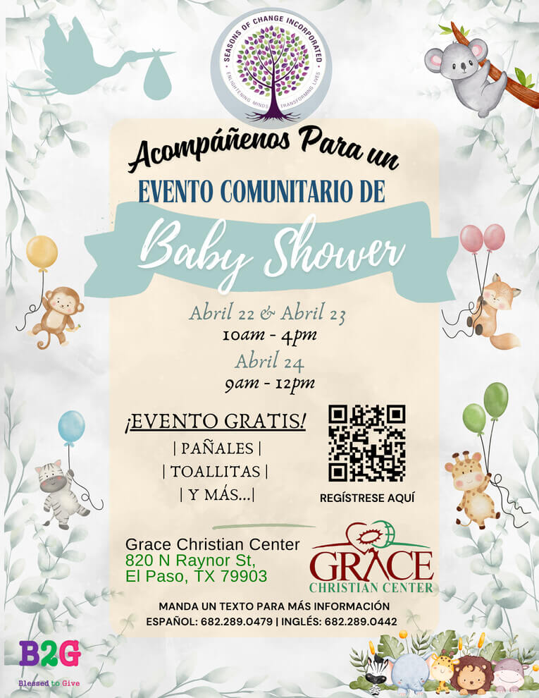 Volante oficial de Seasons of Change en Grace Christian Center que ofrece suministros para bebés del 22 al 24 de abril.