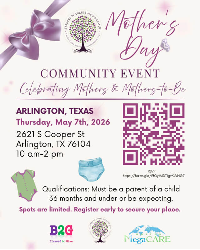 Evento del Día de las Madres en Arlington TX: Volante oficial de Seasons of Change y United MegaCare de TD Jakes para el evento del 7 de mayo en Arlington.