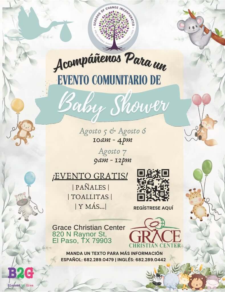 Folleto en español del Baby Shower Comunitario Gratuito de Seasons of Change en El Paso, Texas, ofreciendo pañales y toallitas gratis del 5 al 7 de agosto en Grace Christian Center.