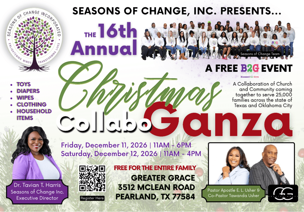 Free Christmas CollaboGanza Pearland TX flyer for the 16th Annual Seasons of Change event on December 11-12, 2026, offering free toys, diapers, and household items at Greater Grace.