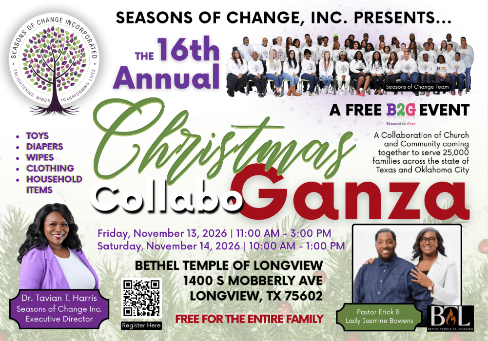 Free Christmas CollaboGanza Longview TX flyer for the 16th Annual Seasons of Change event on November 13-14, 2026, offering free toys and diapers at Bethel Temple.