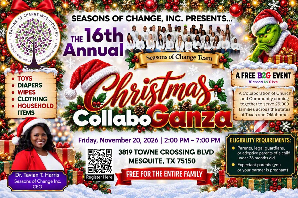 Free Christmas CollaboGanza Mesquite TX flyer for the 16th Annual Seasons of Change event on November 20, 2026, offering free toys and diapers at Towne Crossing Blvd.