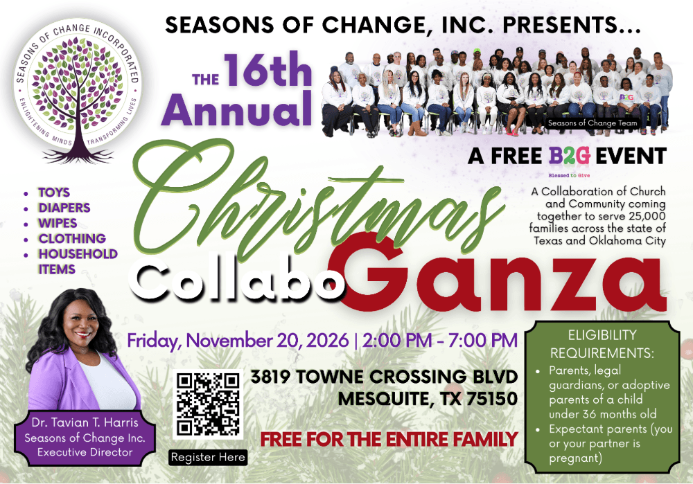 Free Christmas CollaboGanza Mesquite TX flyer for the 16th Annual Seasons of Change event on November 20, 2026, offering free toys and diapers at Towne Crossing Blvd.