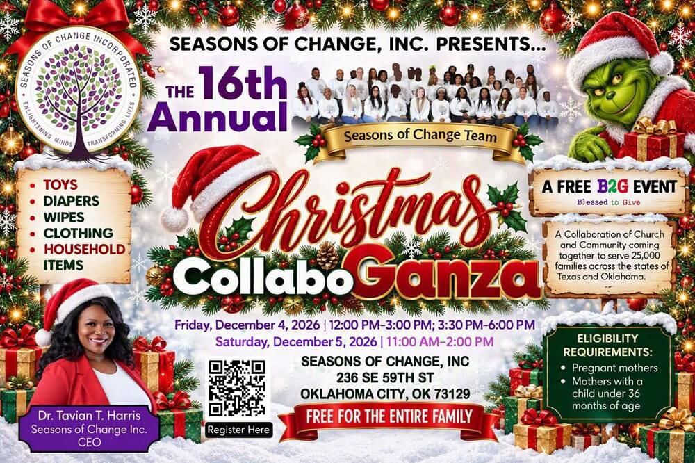 Free Christmas CollaboGanza Oklahoma City flyer for the 16th Annual Seasons of Change event on December 4-5, 2026, offering free toys and diapers at SE 59th St.